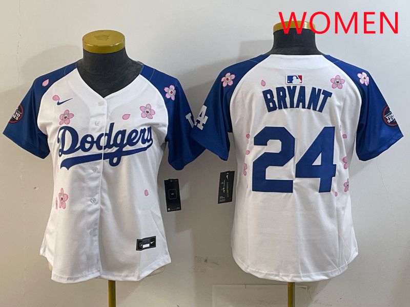 Women Los Angeles Dodgers #24 Bryant White Blue Sakura Edition 2025 Nike MLB Jersey style 1